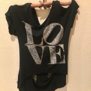 Love Rhinestone Metallic Black Tee Shirt